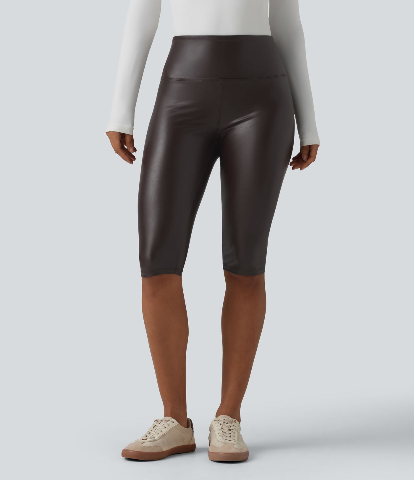 Legging corsaire casual ventre plat taille haute extensible en simili cuir avec poches