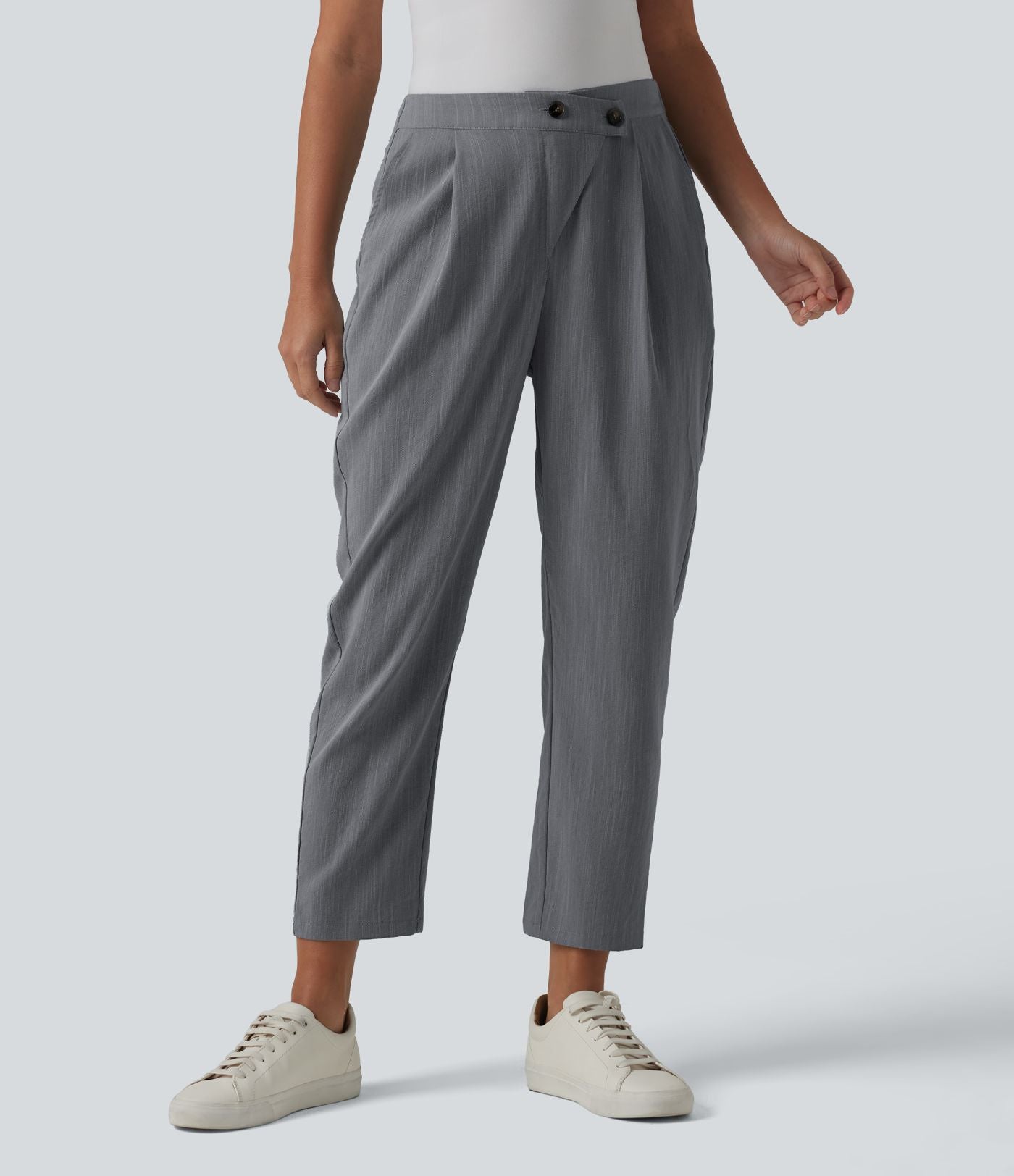 Pantalon tailleur aspect lin fuselé taille haute asymétrique avec poches
