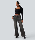 Halara Flex™ Jean évasé décontracté délavé taille basse avec poches