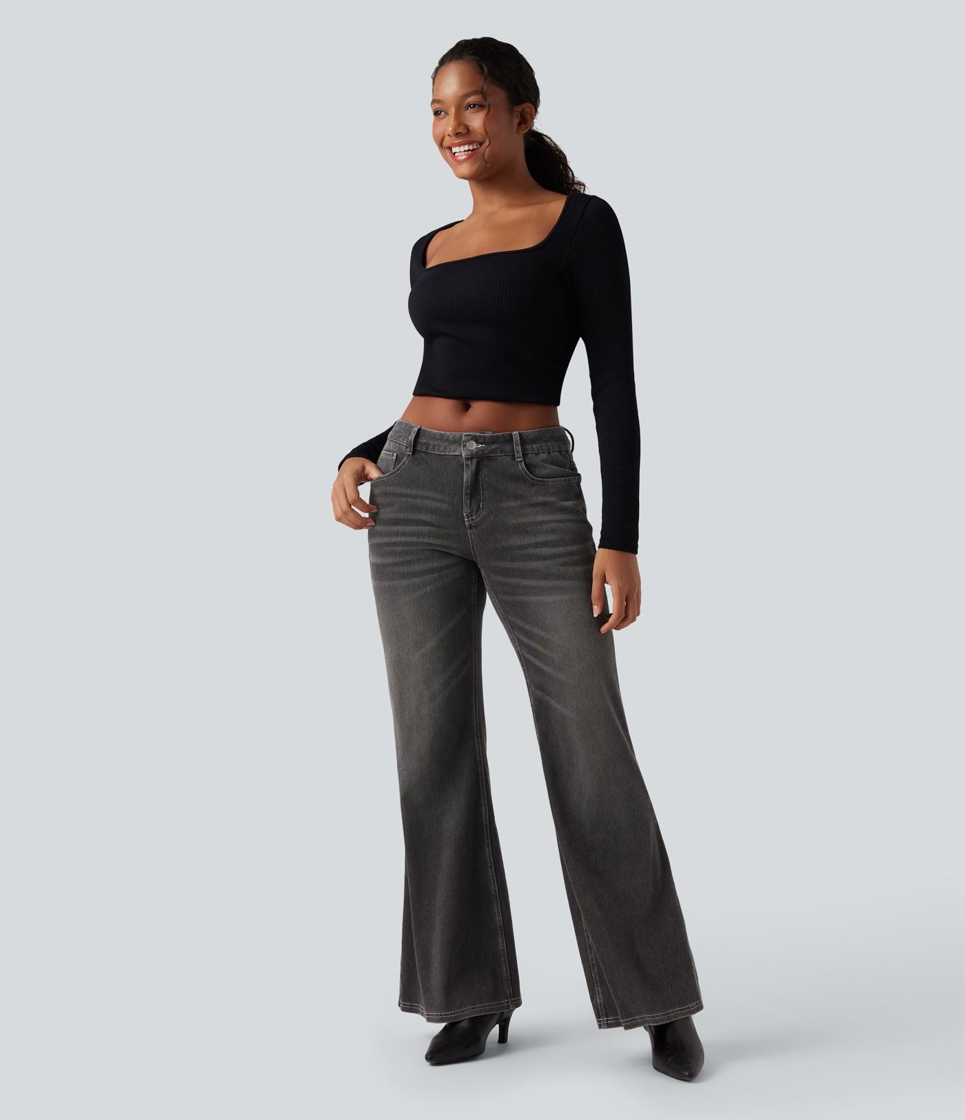 Halara Flex™ Jean évasé décontracté délavé taille basse avec poches