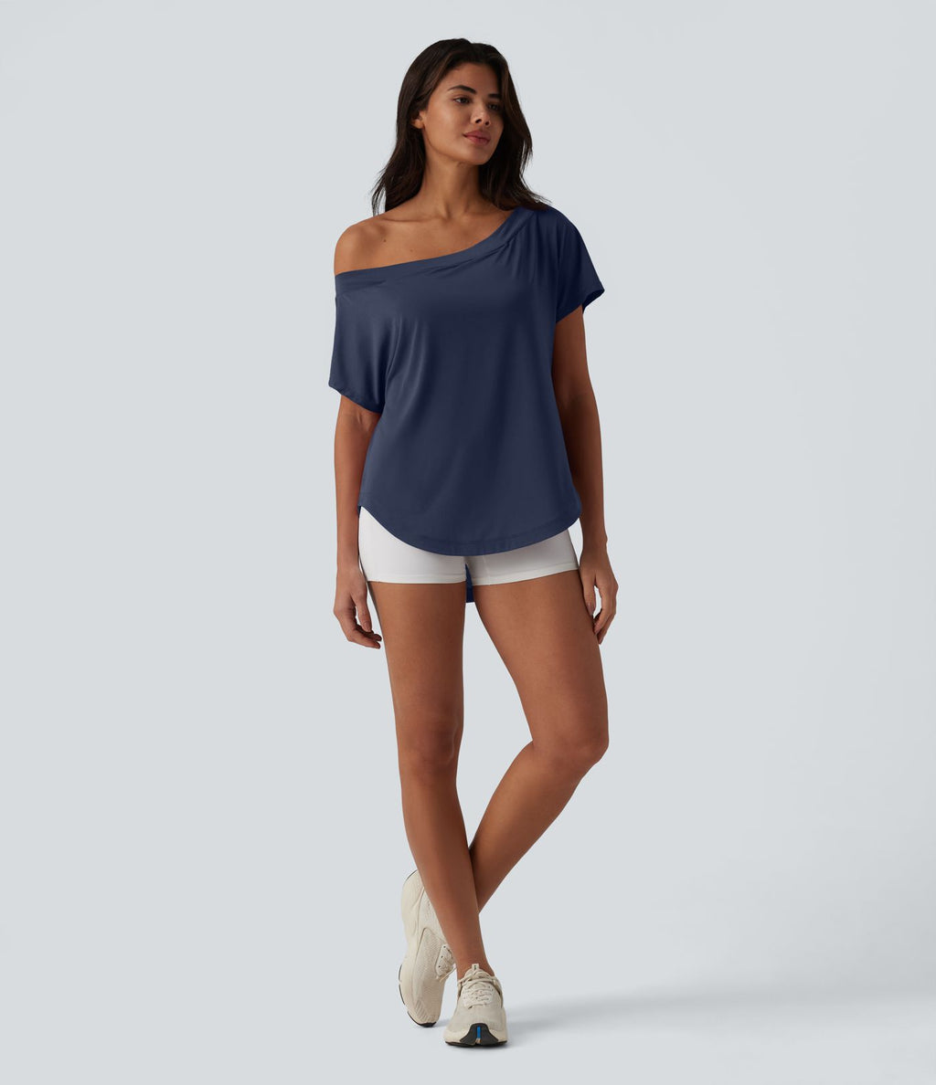 Top de sport yoga asymétrique à épaule dénudée manches courtes ourlet arrondi et coupe asymétrique à séchage rapide – Soutien-gorge intégré