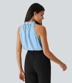 Blouse Travail Sans Manches Ourlet Courbé Col Haut Découpe au Dos Plis