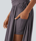 Jupe de danse mi-longue fluide 2-en-1 taille haute, fendue avec poche latérale