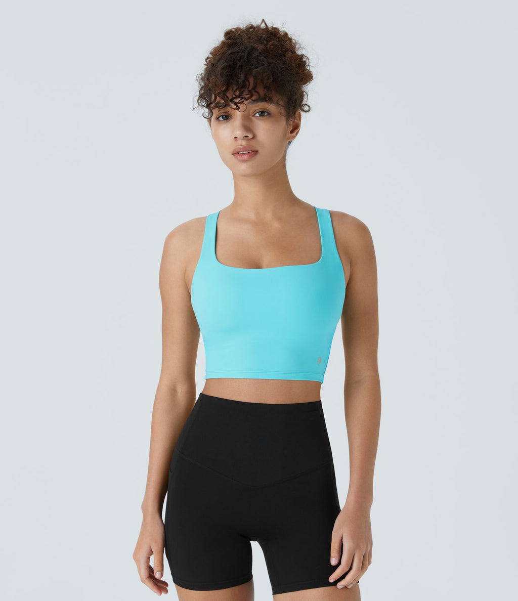 Débardeur yoga court SoftlyZero™ Airy col carré dos nu bretelles croisées effet frais InstantCool, bonnets A-C, protection solaire UPF50+