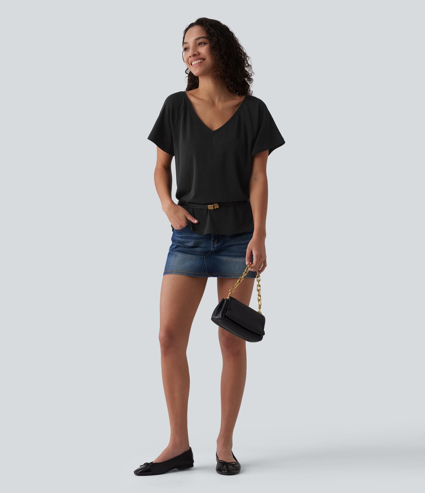 T-shirt casual col V manches raglan courtes coupe ample