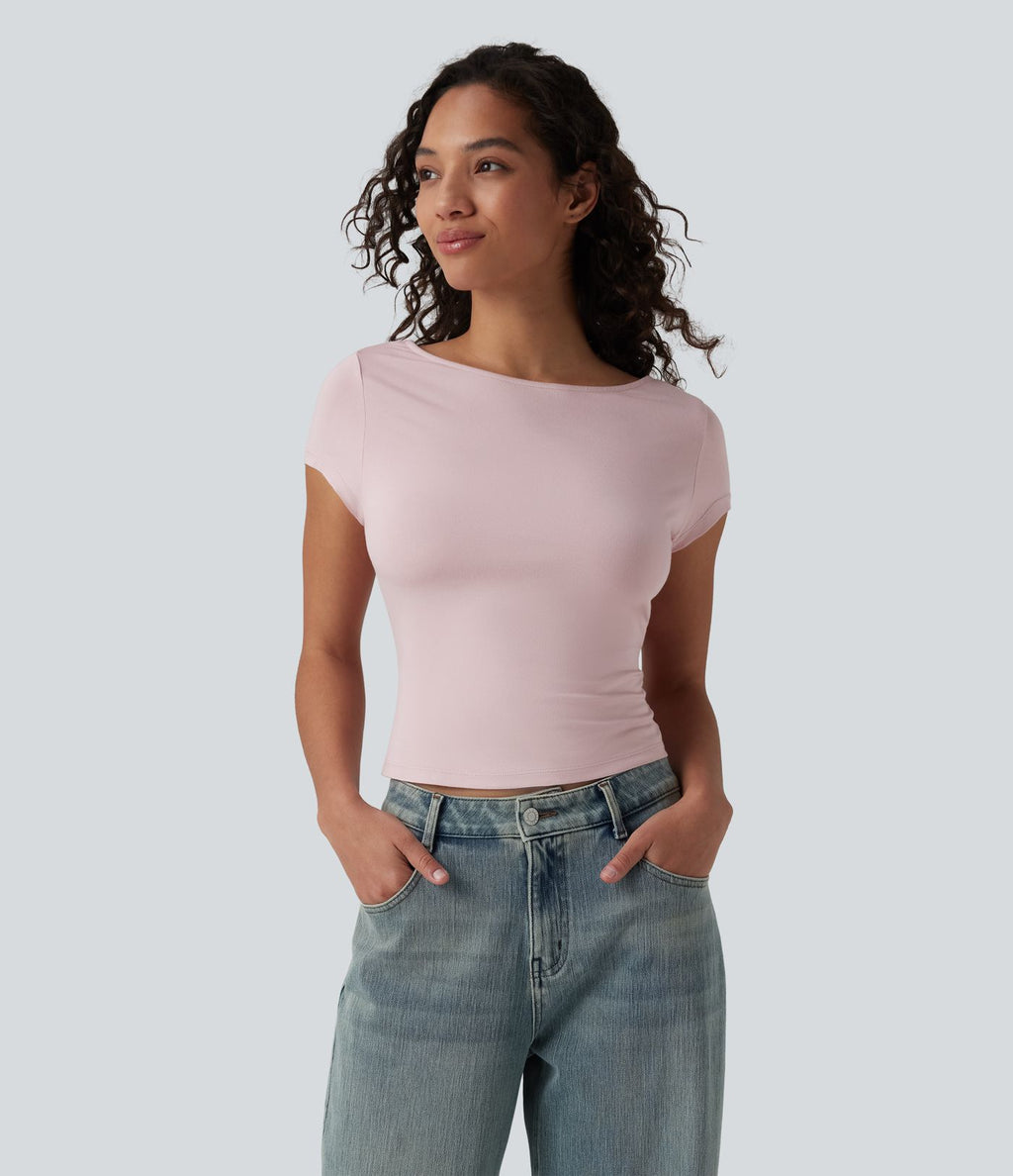 T-shirt décontracté col bateau manches courtes dos drapé