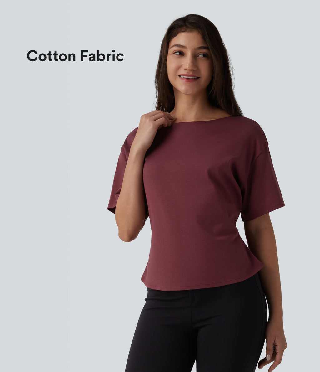 T-shirt tailleur col bateau manches courtes en coton