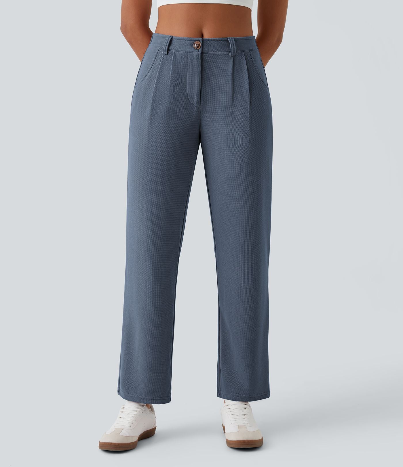 Pantalon casual taille mi-haute en maille gaufrée avec poche zippée