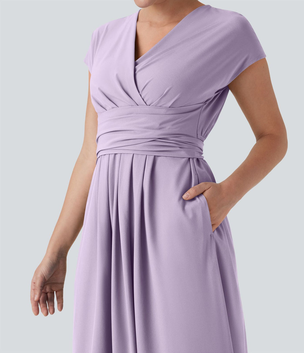 Robe midi Breezeful™ col V manches courtes à liens dans le dos séchage rapide avec poches latérales