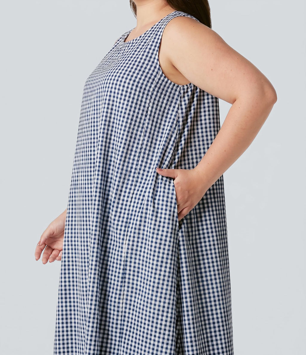 Robe débardeur midi sans manches col rond en vichy froissé grande taille à poches
