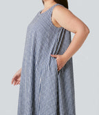 Robe débardeur midi sans manches col rond en vichy froissé grande taille à poches