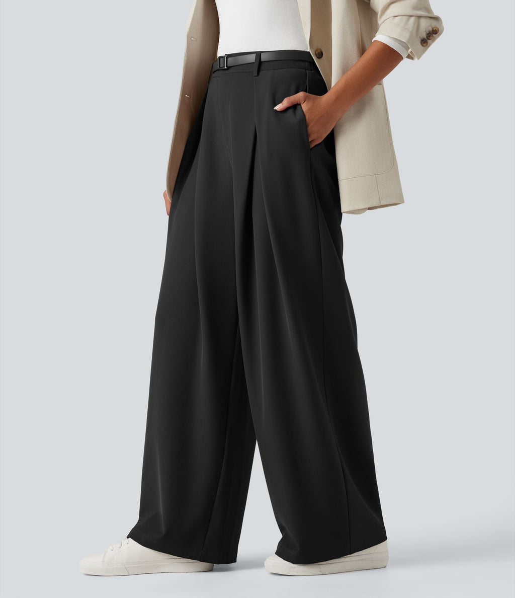 Pantalon tailleur large, taille haute, à poches