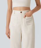 Pantalon décontracté coupe droite taille haute aspect lin avec poches
