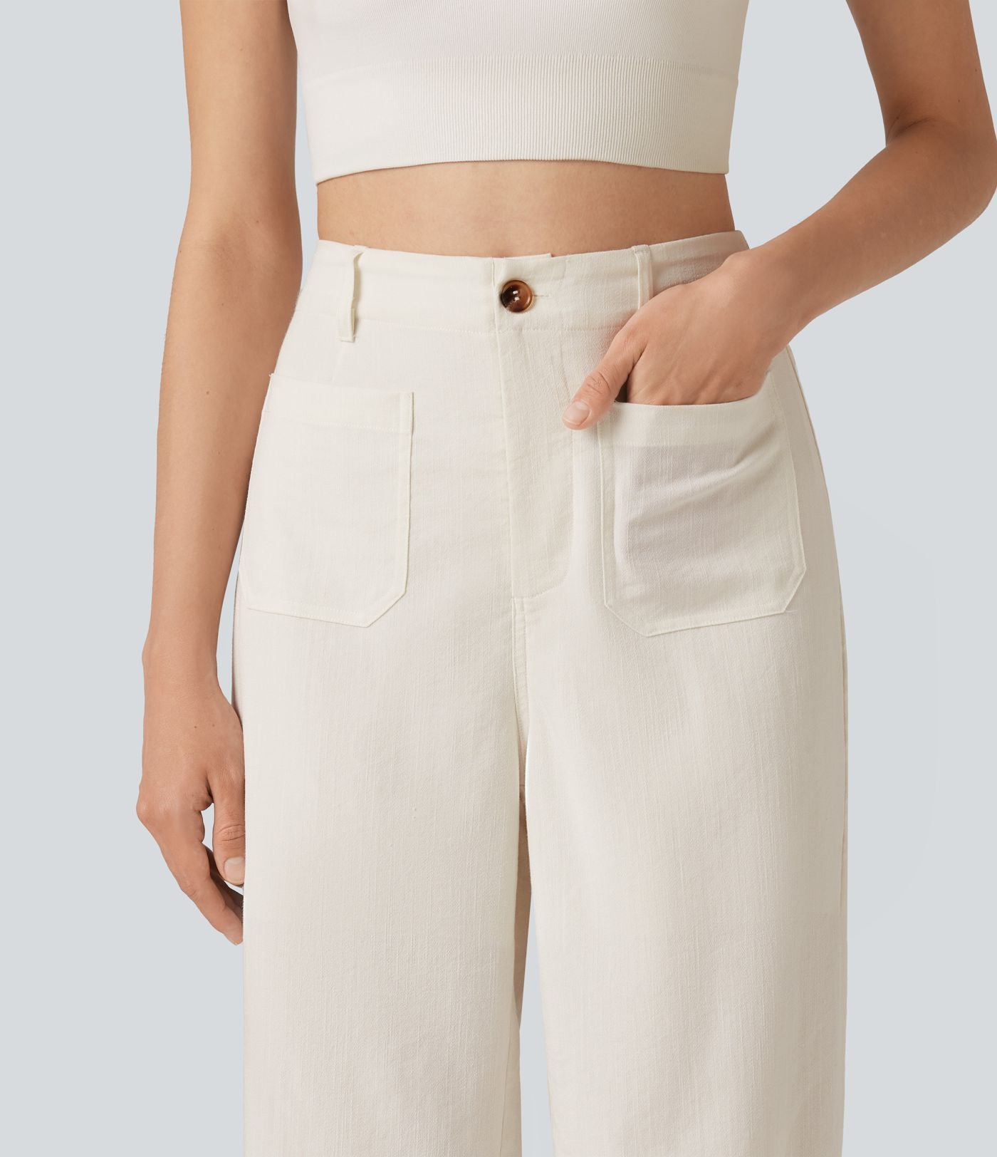 Pantalon décontracté coupe droite taille haute aspect lin avec poches