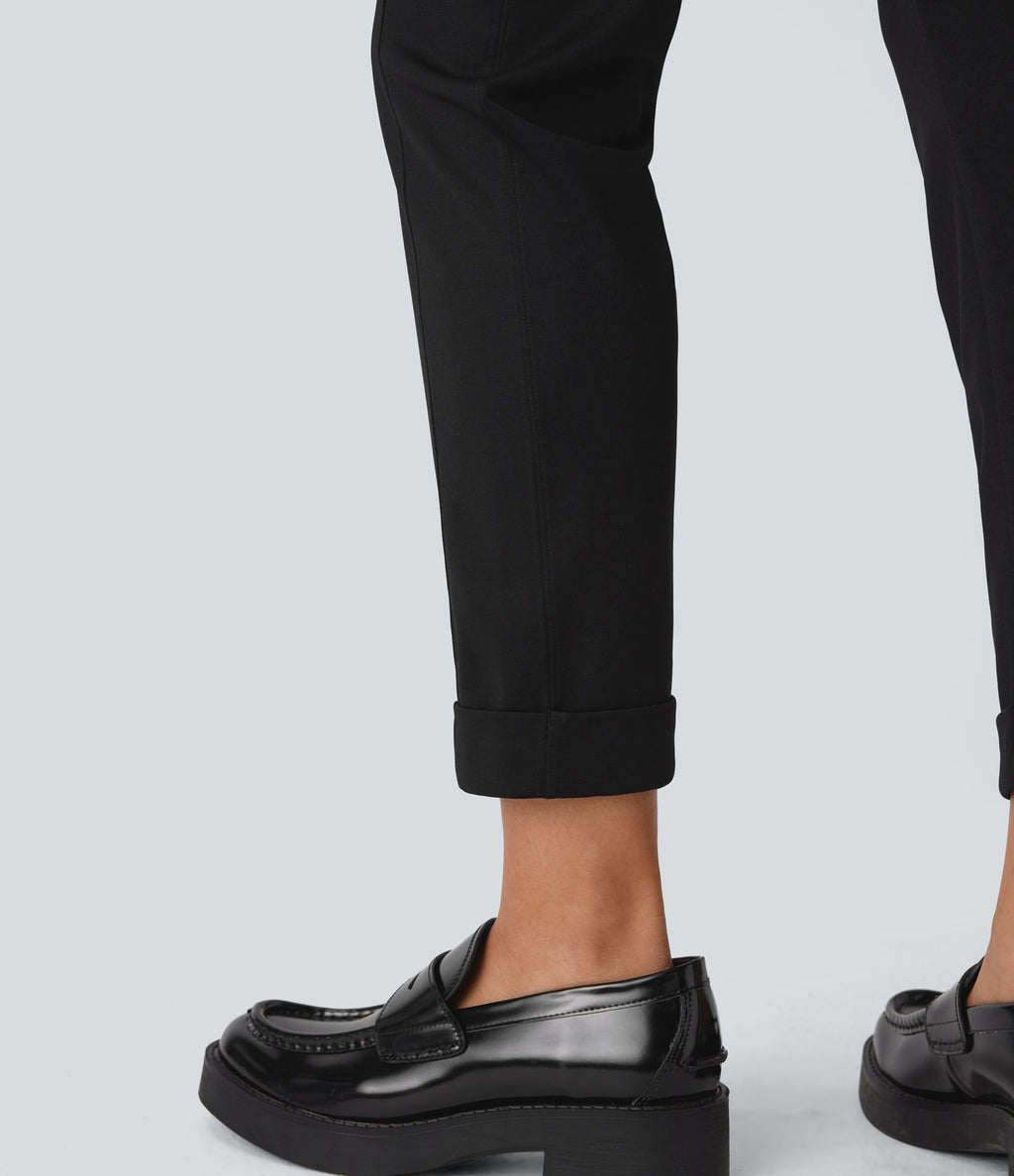 Pantalon fuselé ajusté longueur cheville taille haute ourlet roulotté