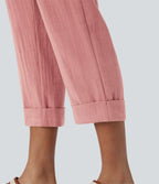 Pantalon capri effet lin taille haute avec poches zippées