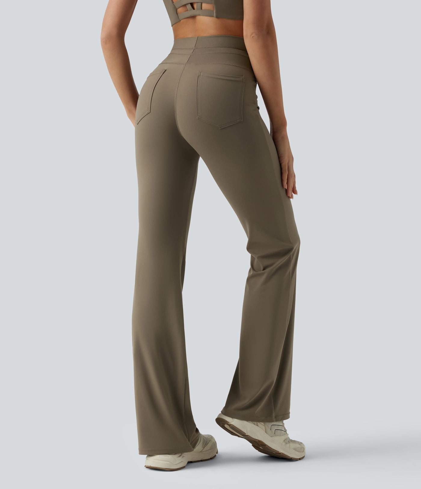 Pantalon de yoga évasé taille haute avec cordon de serrage uni et poches