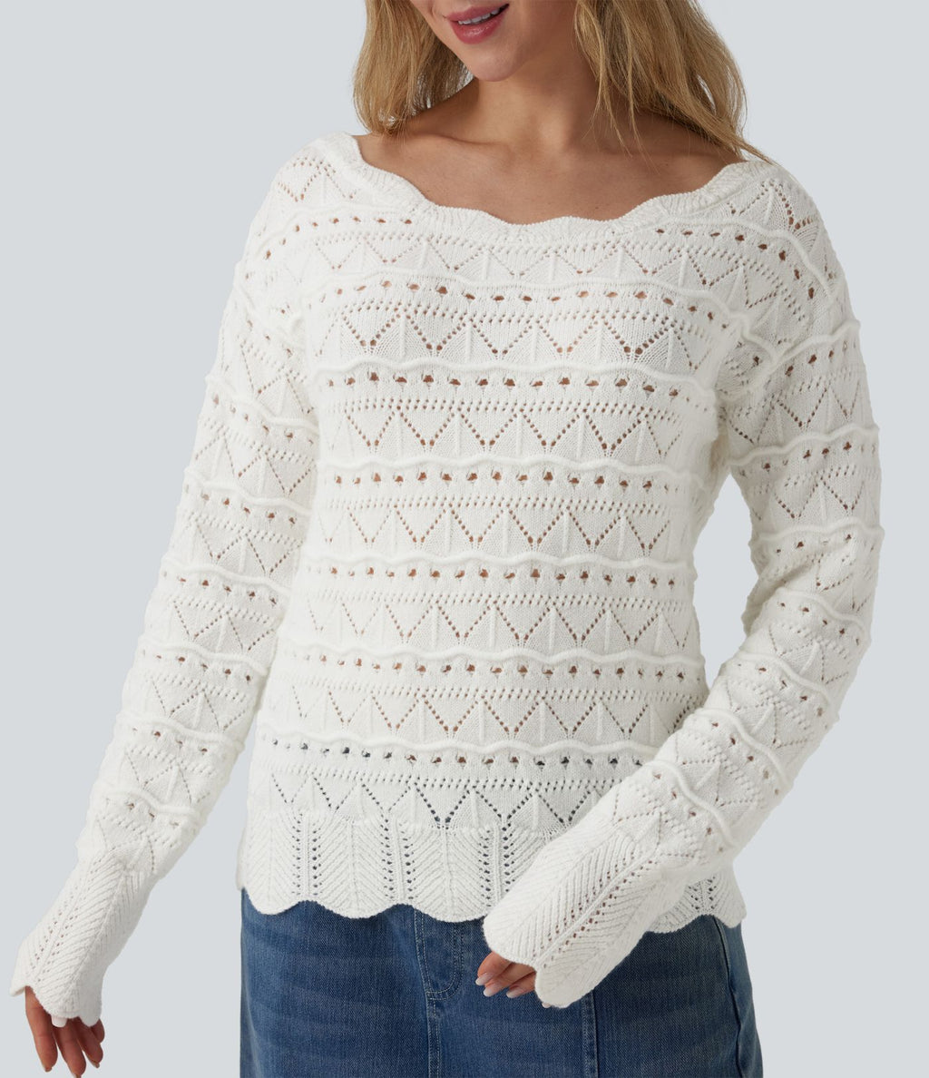 Pull décontracté col bateau manches longues maille ajourée