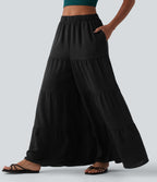 Pantalon large fluide taille haute aspect lin avec poches