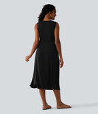 Robe midi évasée décontractée col V sans manches torsadée avec poches