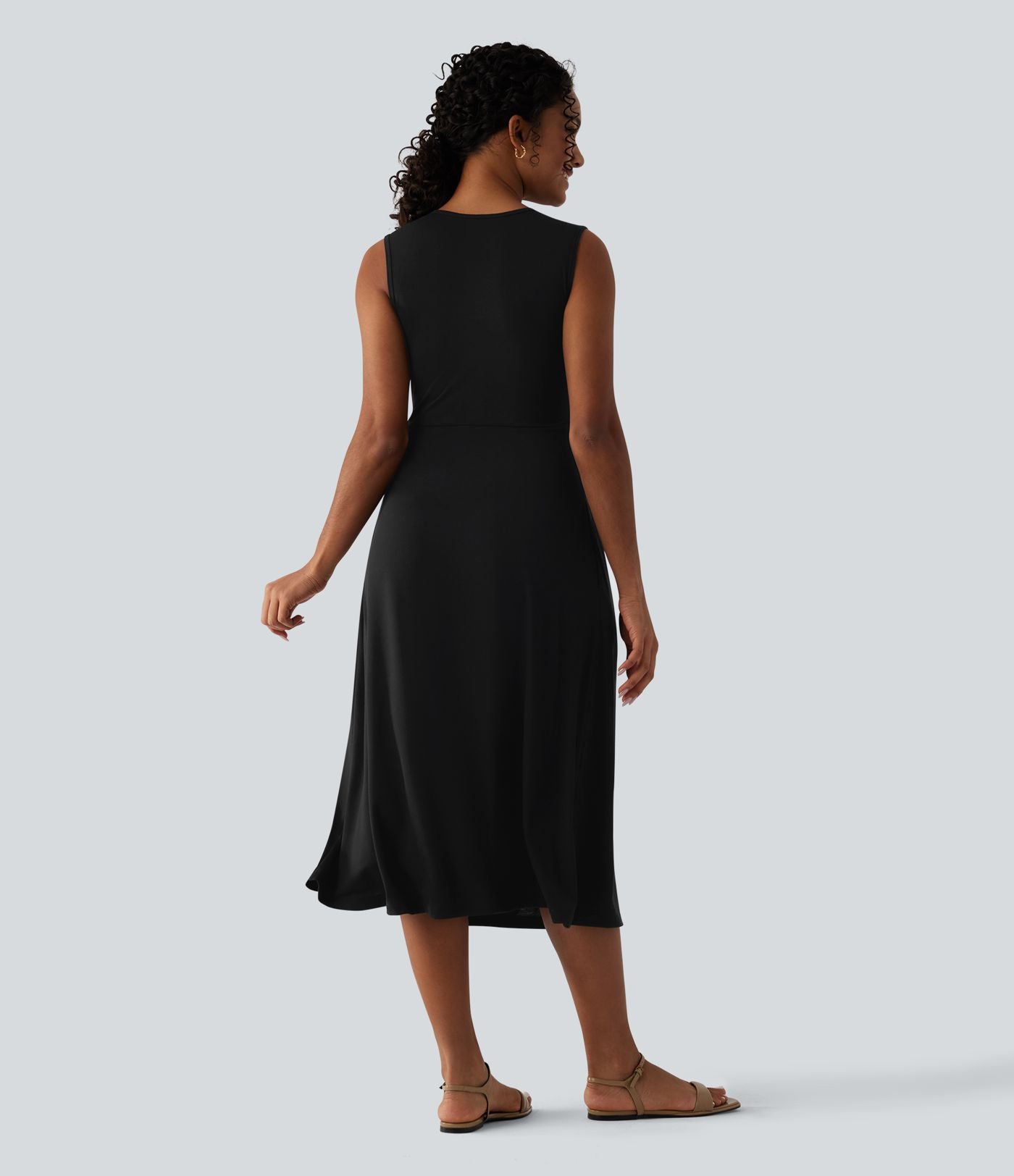 Robe midi évasée décontractée col V sans manches torsadée avec poches