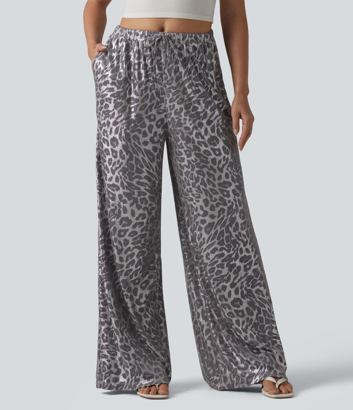 Pantalon leopard large décontracté taille mi-haute avec cordon de serrage et poches
