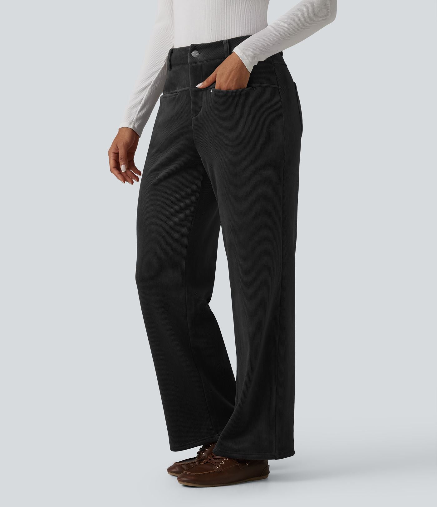 Pantalon droit casual en velours côtelé molletonné taille mi-haute avec poches