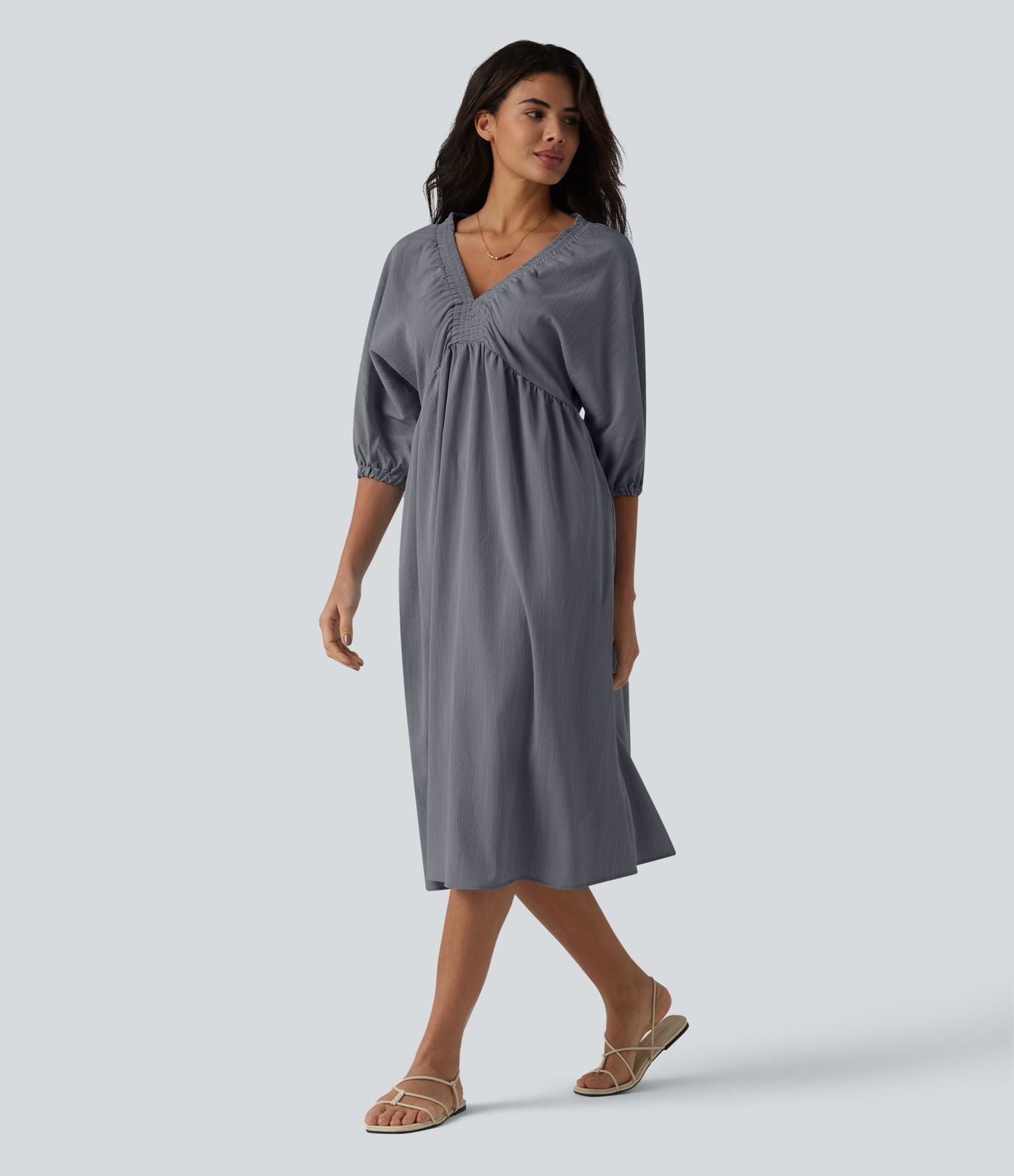 Robe midi casual col V à manches trois-quarts aspect lin, avec poches