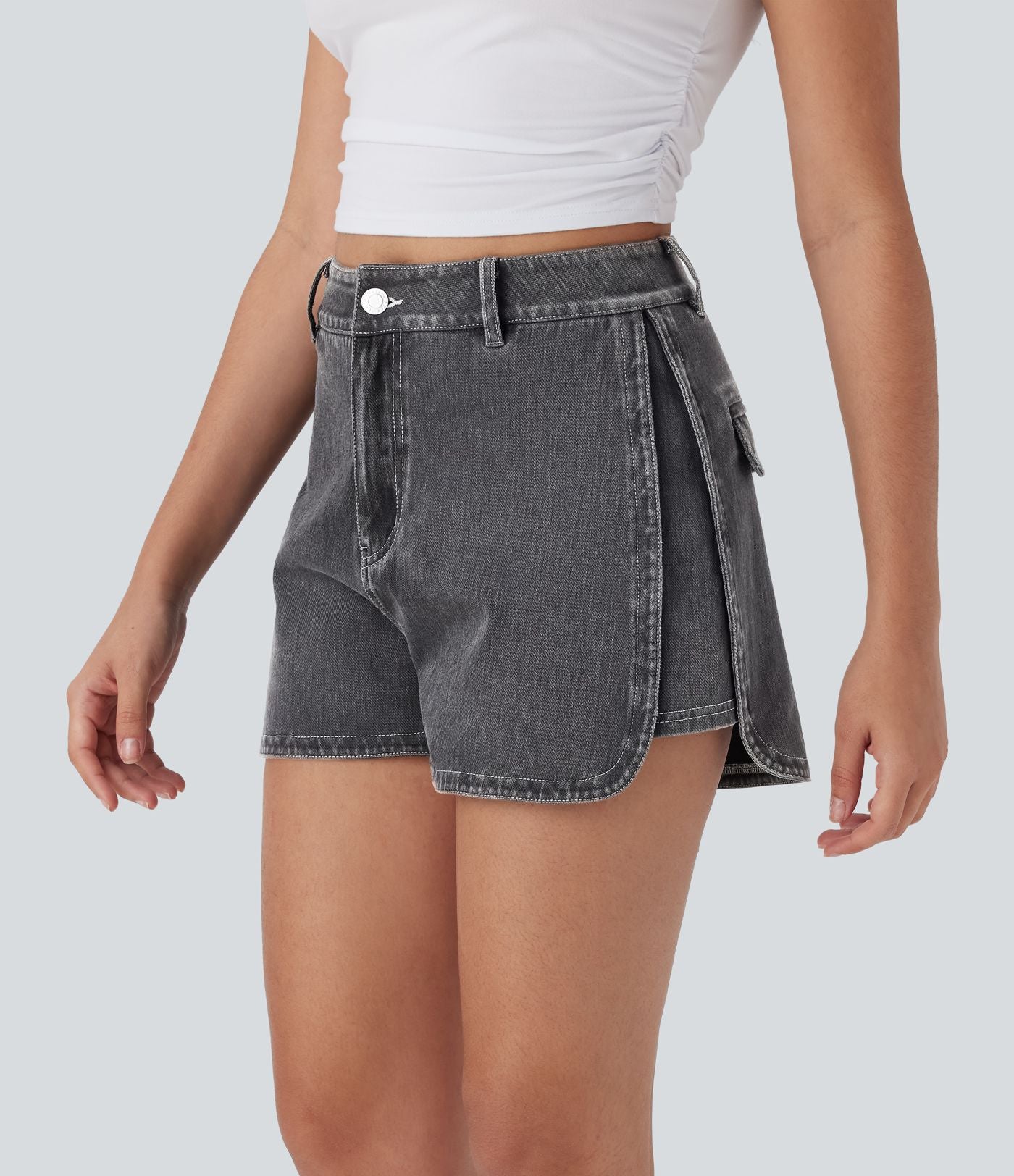 Short décontracté en denim extensible Halara Flex™ taille haute avec bouton, fermeture éclair et ourlet courbé 7,5 cm