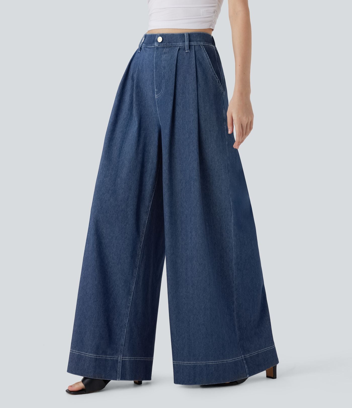 Jean palazzo ample et fluide Halara Flex™ Cool Touch en denim extensible tricoté à taille haute, séchage rapide et multiples poches