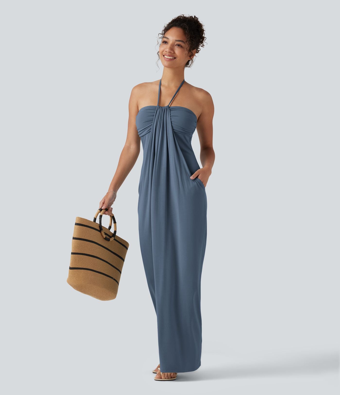 Robe longue dos nu à nouer avec soutien-gorge intégré et poches