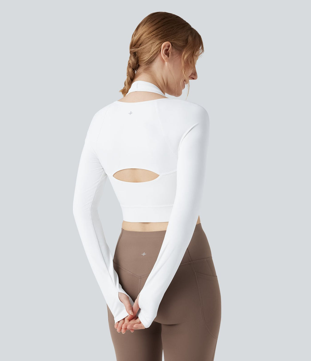 Halara UltraSculpt™ Top court de sport zippé dos nageur à manches longues avec bonnets moulés push-up et passants pouces
