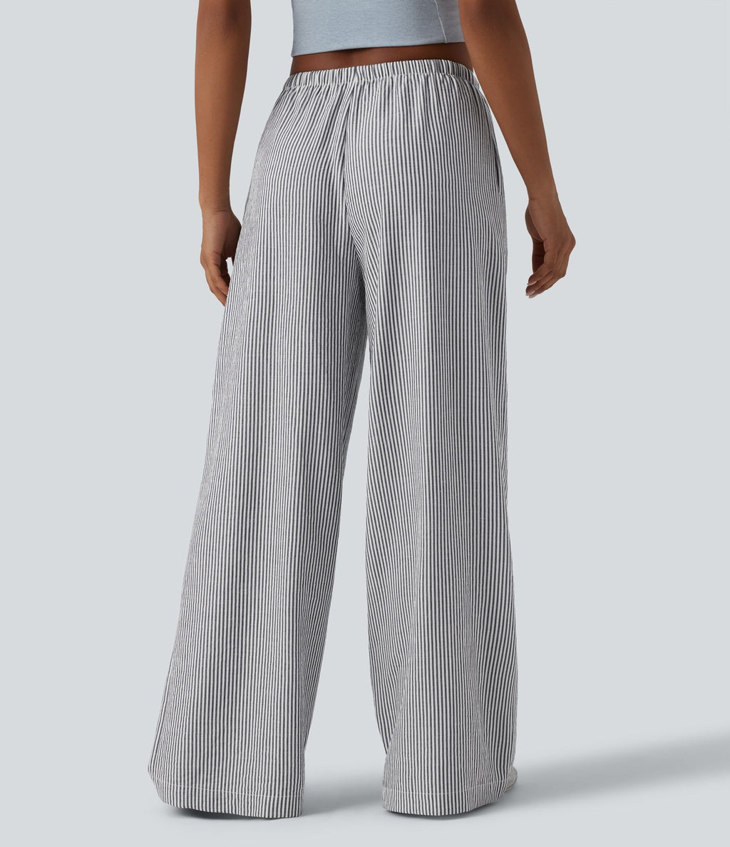Pantalon large casual taille basse aspect lin rayures avec cordon de serrage et poches