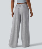 Pantalon large casual taille basse aspect lin rayures avec cordon de serrage et poches