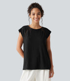 Blouse décontractée à col rond, mancherons, découpes et lien au dos