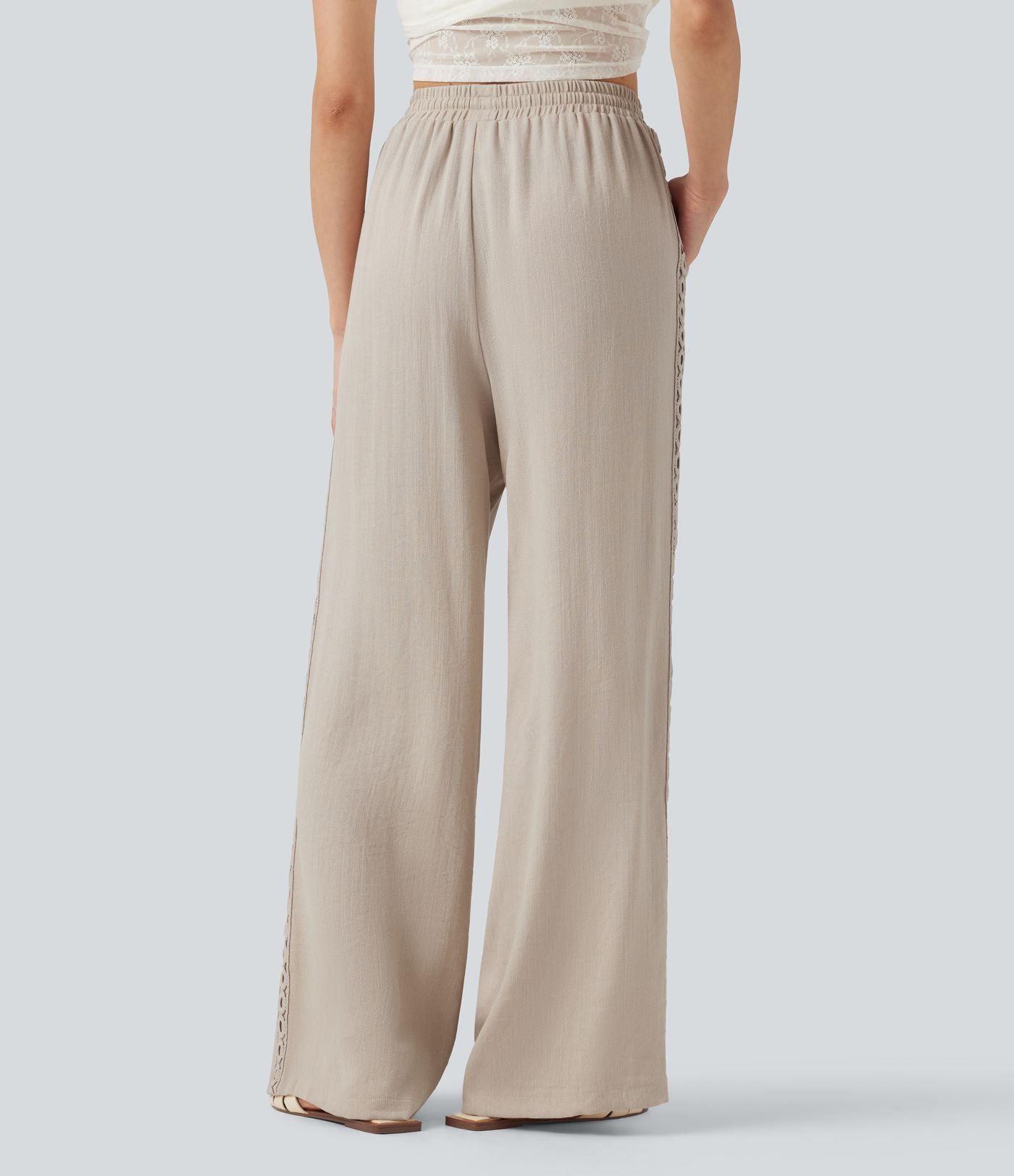 Pantalon décontracté taille haute à cordon de serrage, effet lin, avec poches