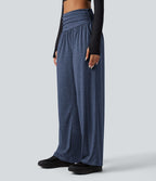 Pantalon de yoga large froncé chiné taille haute avec poches