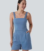 Halara Flex™ Combinaison short casual en denim sans manches à encolure carrée avec poches — Édition Easy Peasy