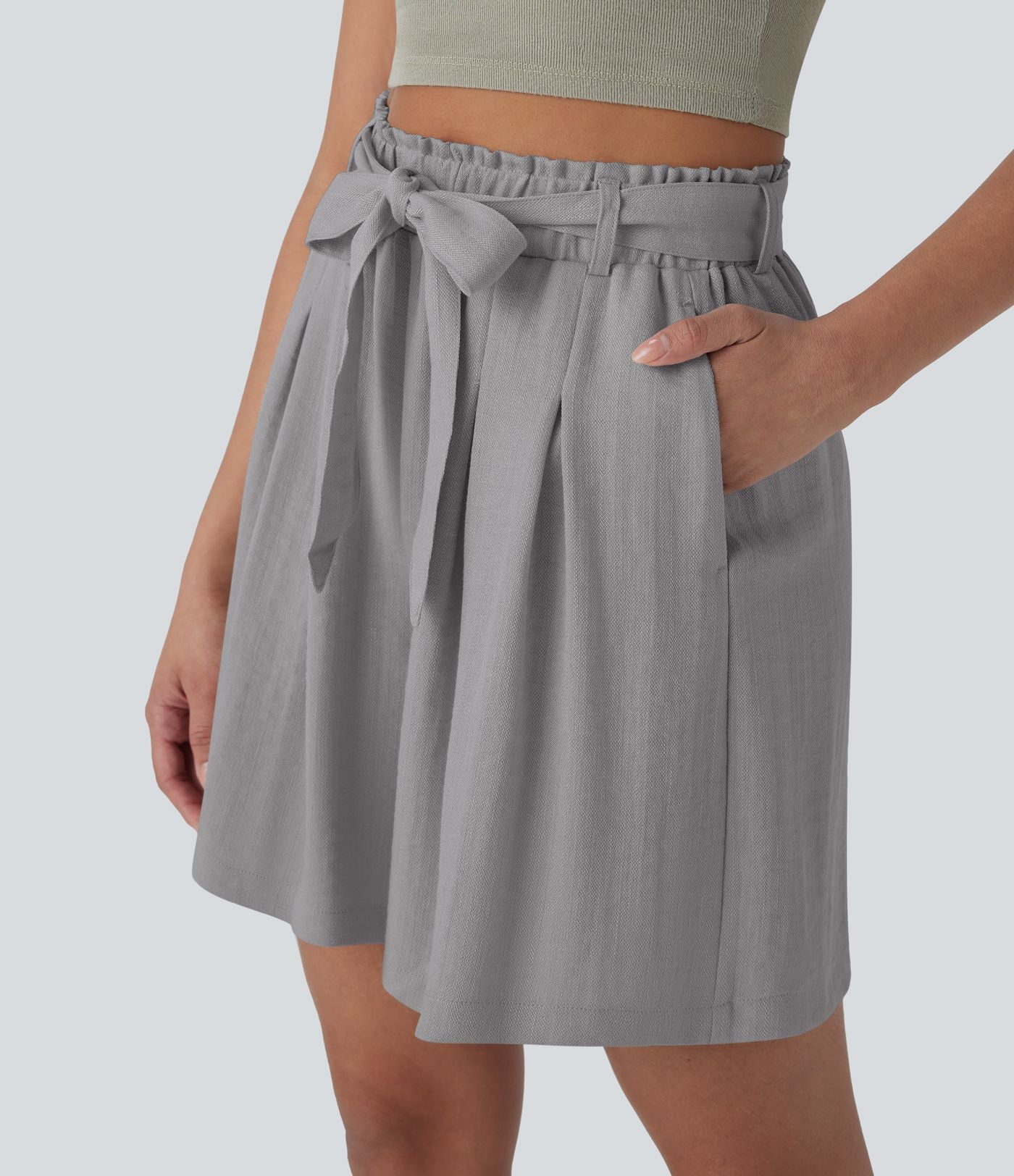 Bermuda décontracté taille haute effet lin avec ceinture et poches latérales