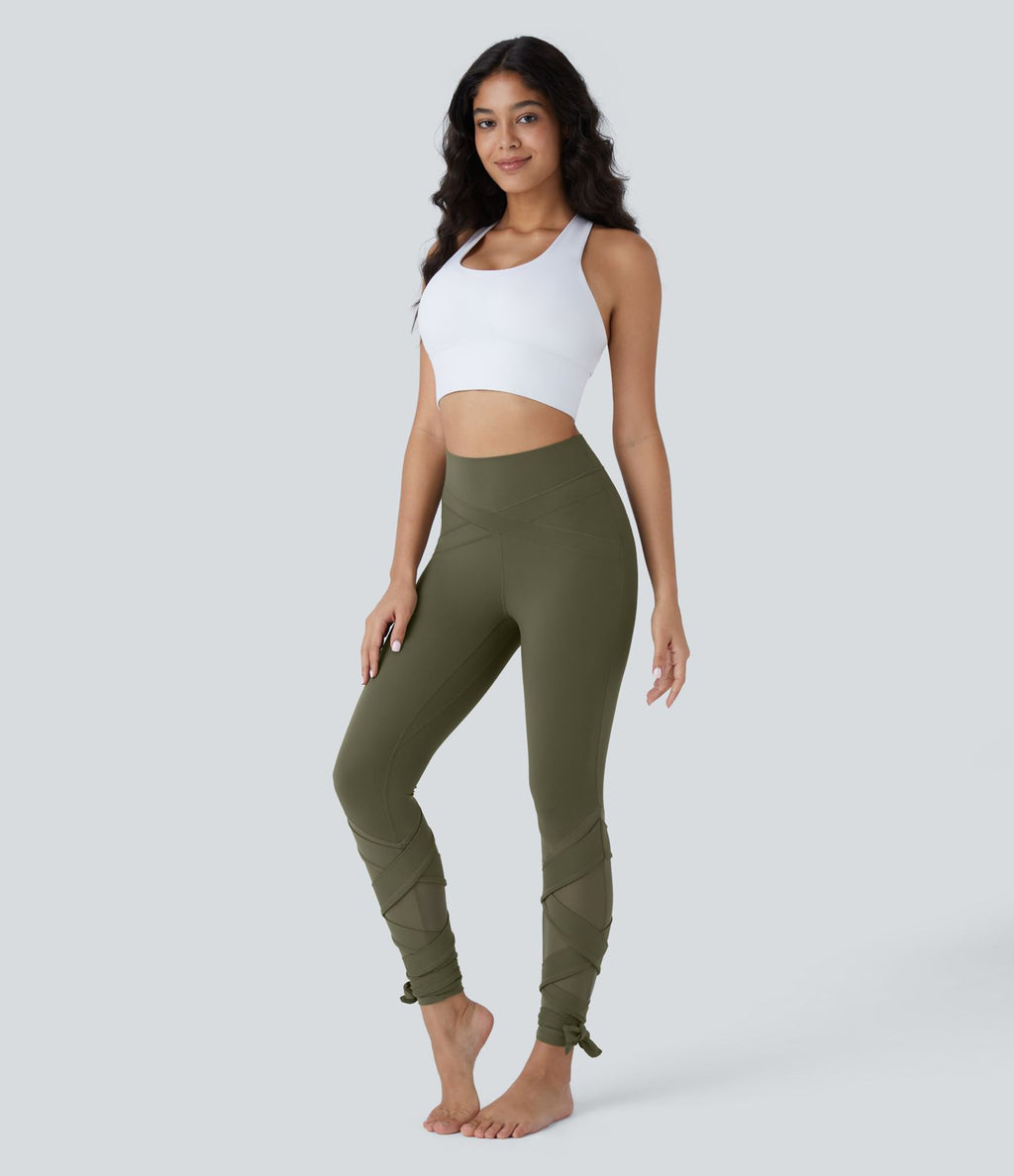 Softlyzero™ Legging Taille Haute Empiècement en Maille Contrastante Lacets Croisés Longueur 7/8