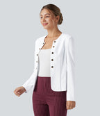 Blazer tailleur ajusté à col rond, manches longues avec boutons décoratifs