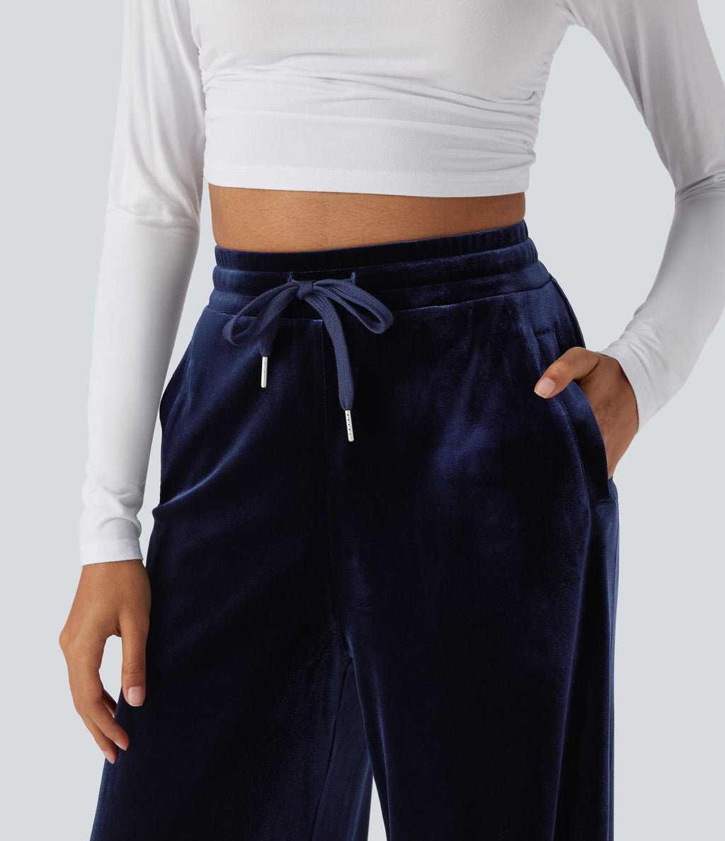 Pantalon décontracté large en velours, taille haute, avec cordon et poches