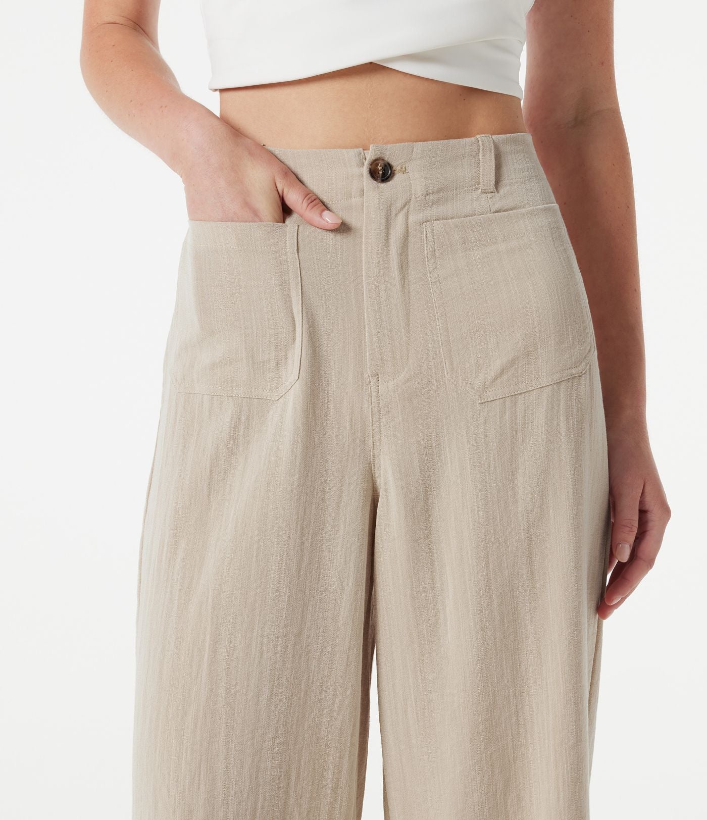 Pantalon large casual taille haute toucher lin avec poches