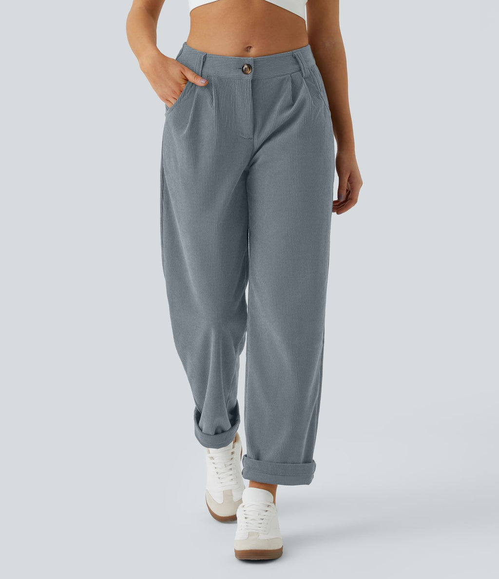 Pantalon en velours côtelé décontracté taille moyenne avec poches latérales