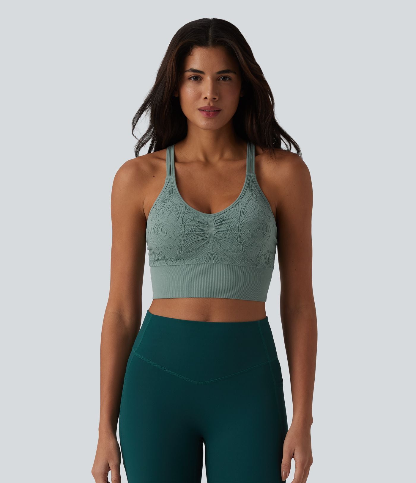 OneForm Débardeur court de yoga sans coutures jacquard dos nu croisé froncé soutien-gorge intégré