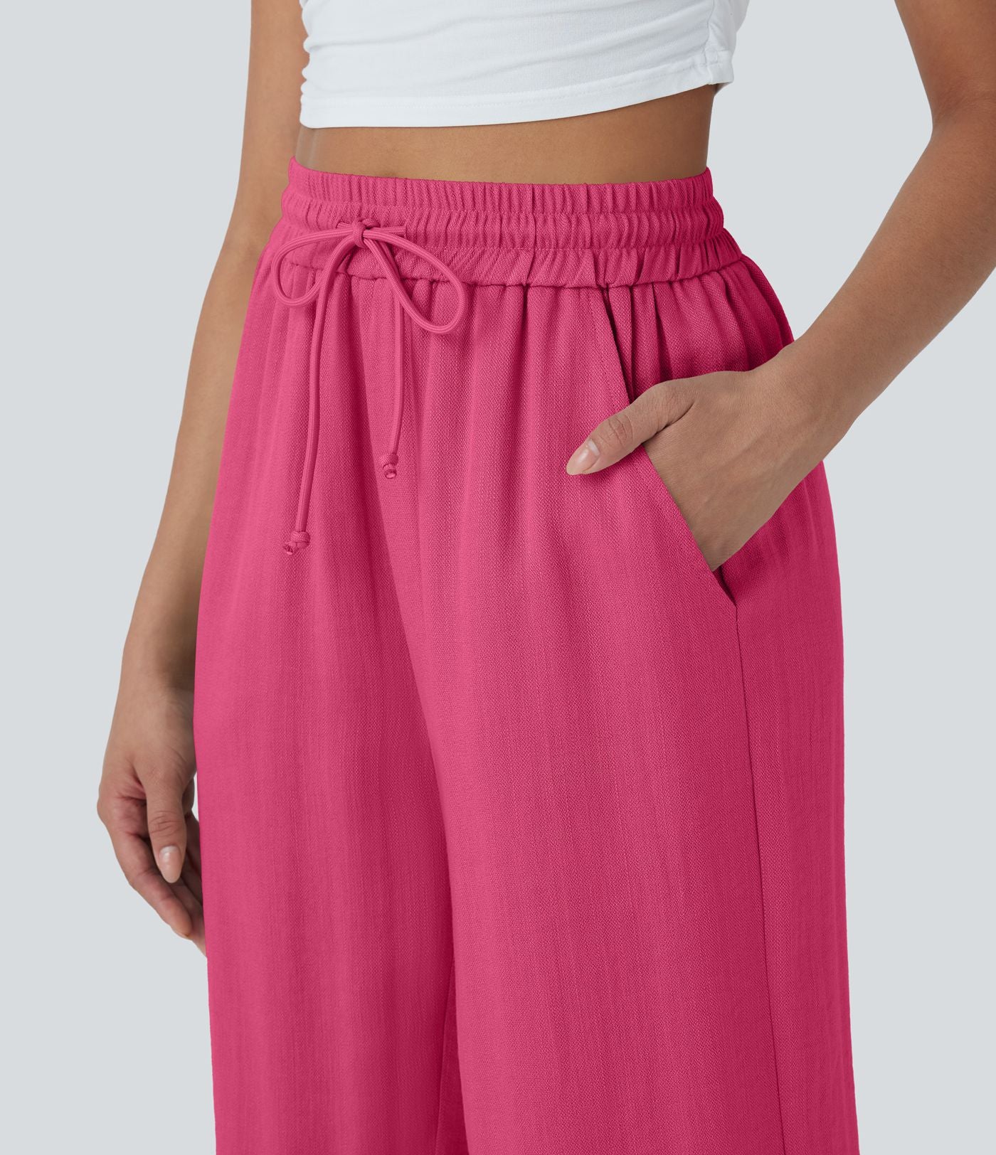 Pantalon décontracté aspect lin 7/8 à taille haute, jambe large avec cordon de serrage et poches latérales