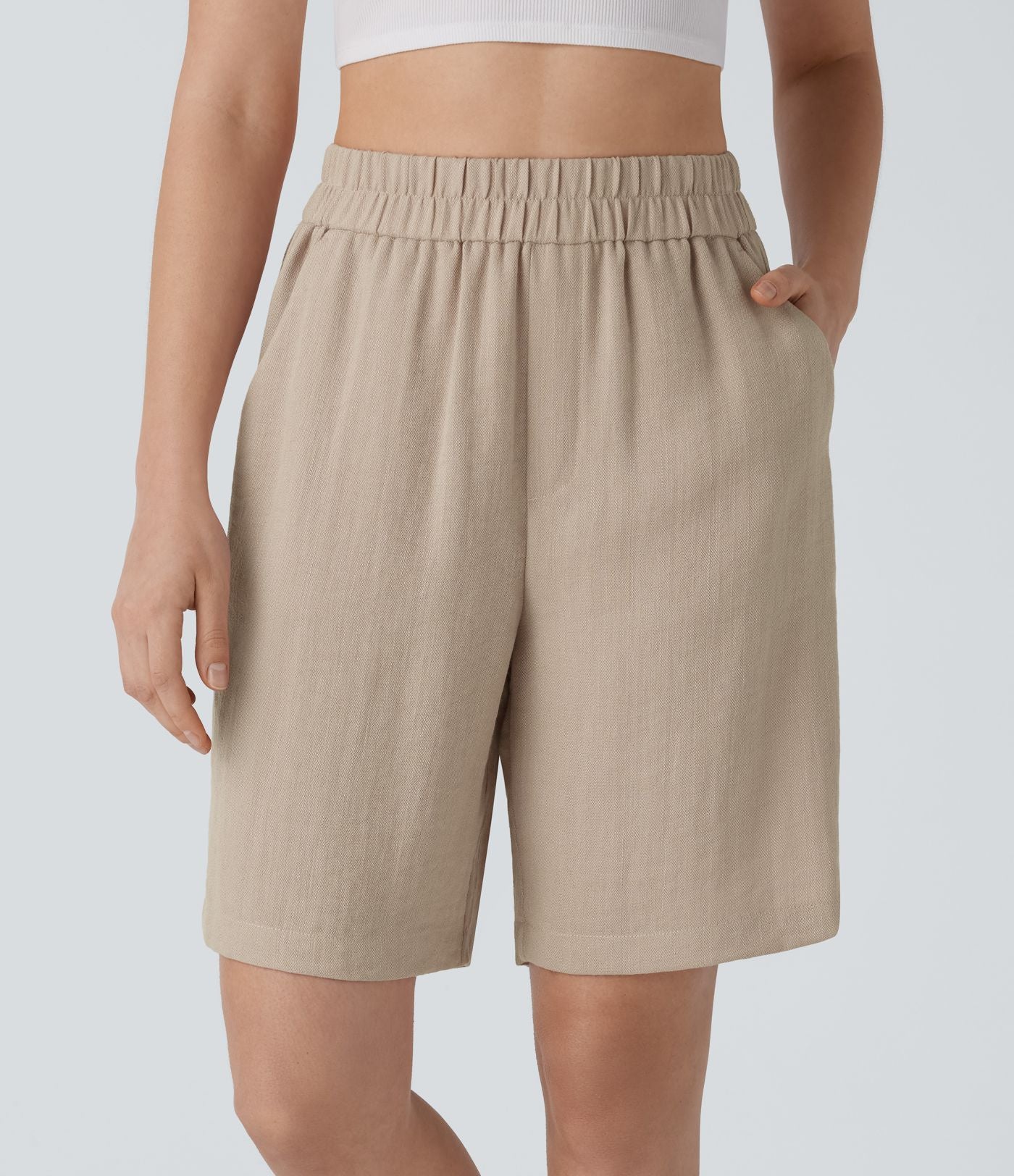 Short Bermuda Décontracté Taille Haute avec Poches Latérales