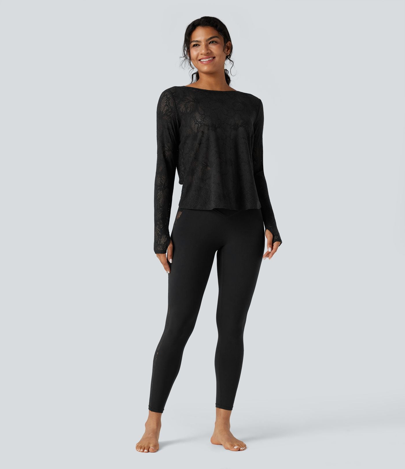 Top de sport yoga dentelle col rond manches longues liens dans le dos avec trous pouces