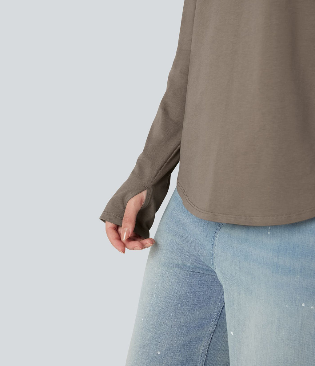 T-shirt décontracté en coton à col rond, manches longues raglan avec passants pouces et ourlet arrondi, coupe ample