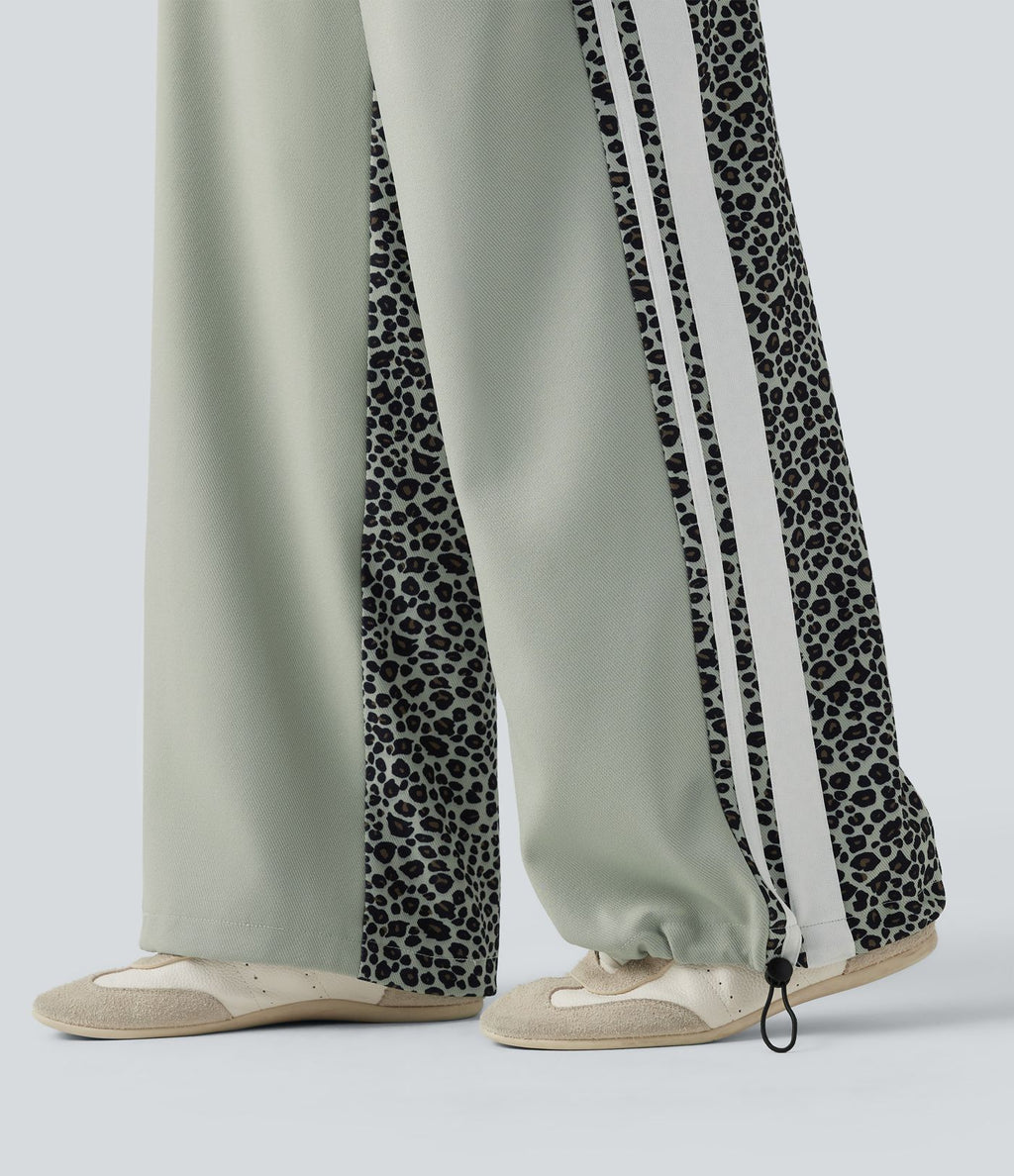 Pantalon ample décontracté taille mi-haute avec cordon de serrage color block rayures léopard contrastant avec poches